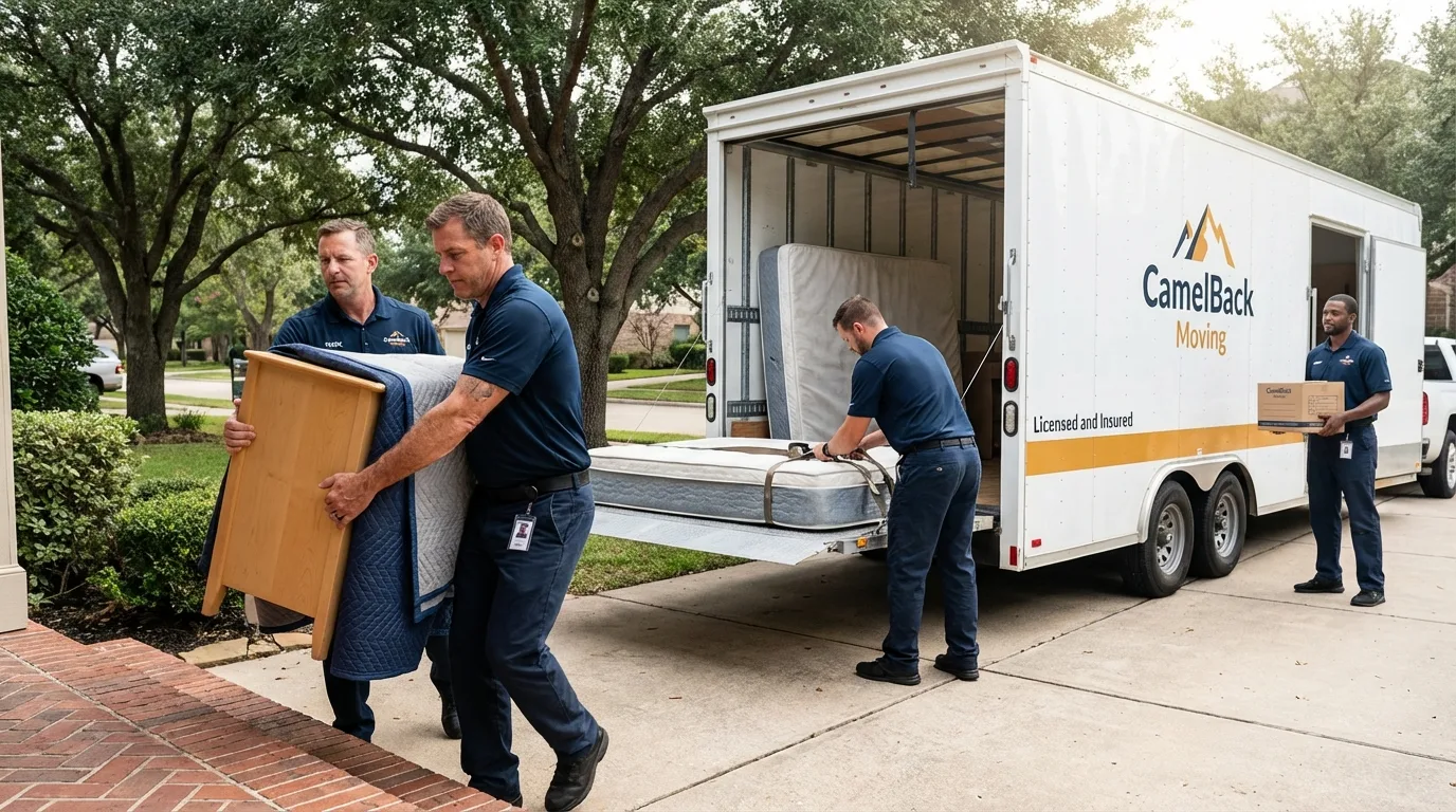Crew loading residential truck for cross-state move from Lindsay, TX