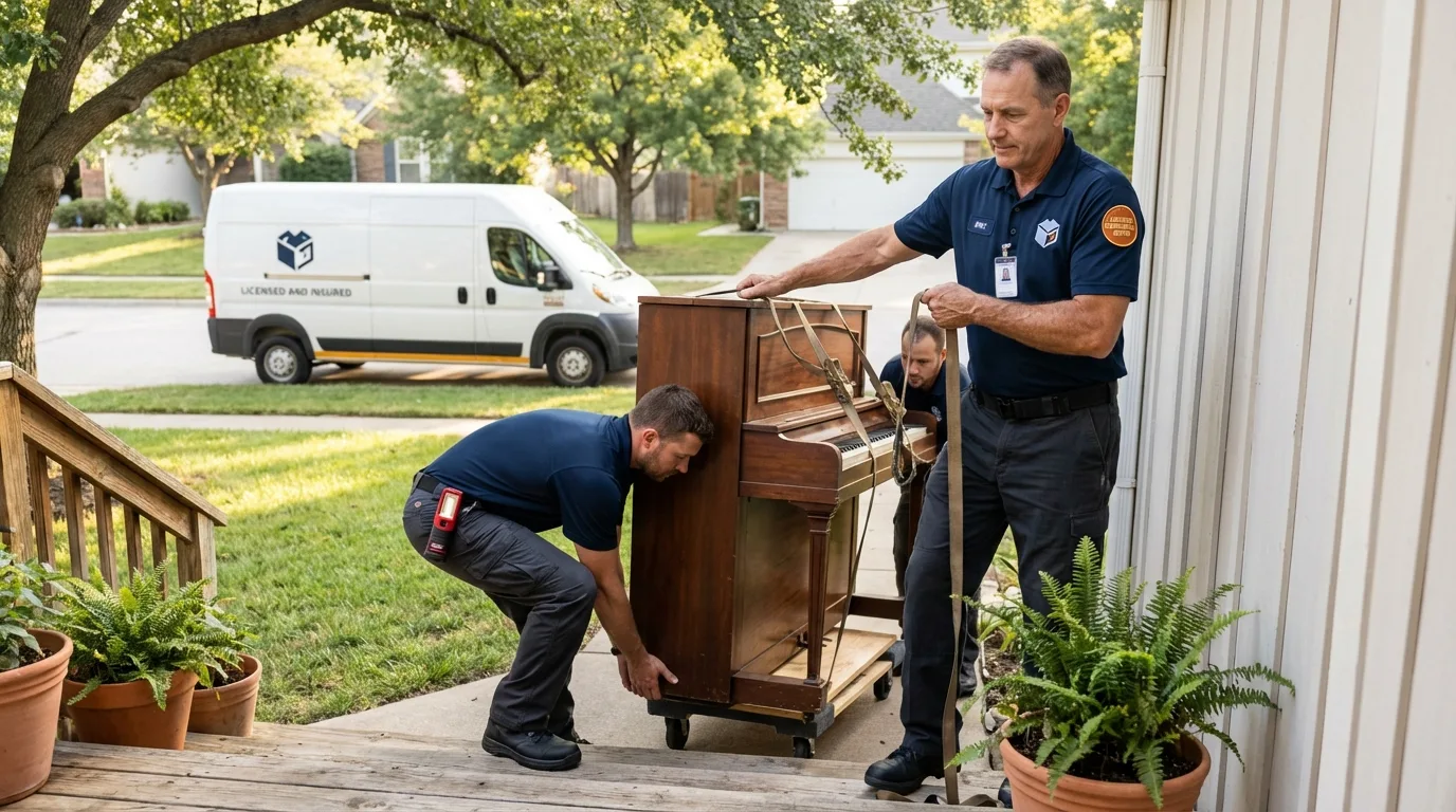 Licensed piano movers securing grand piano in Lindsay, TX