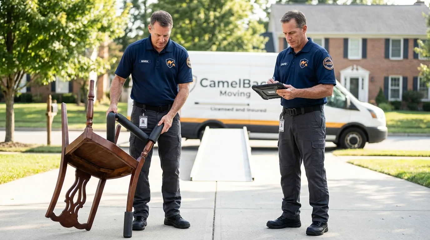 Movers inspecting furniture for damage prevention before loading in Lindsay, TX